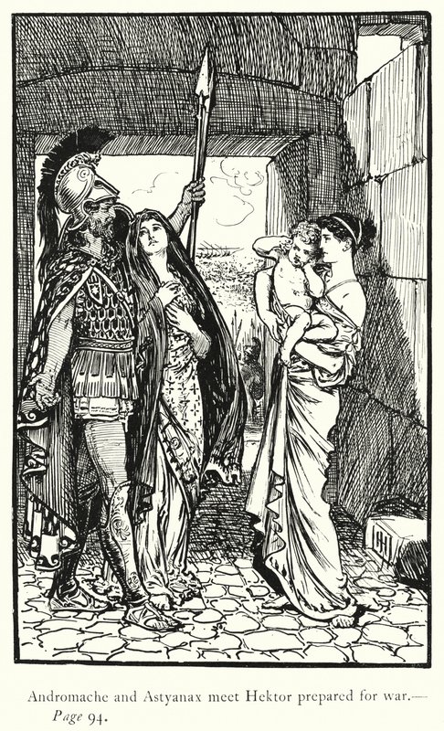 Die Ilias: Andromache und Astyanax treffen Hektor, der sich auf den Krieg vorbereitet von George Percy Jacomb Hood