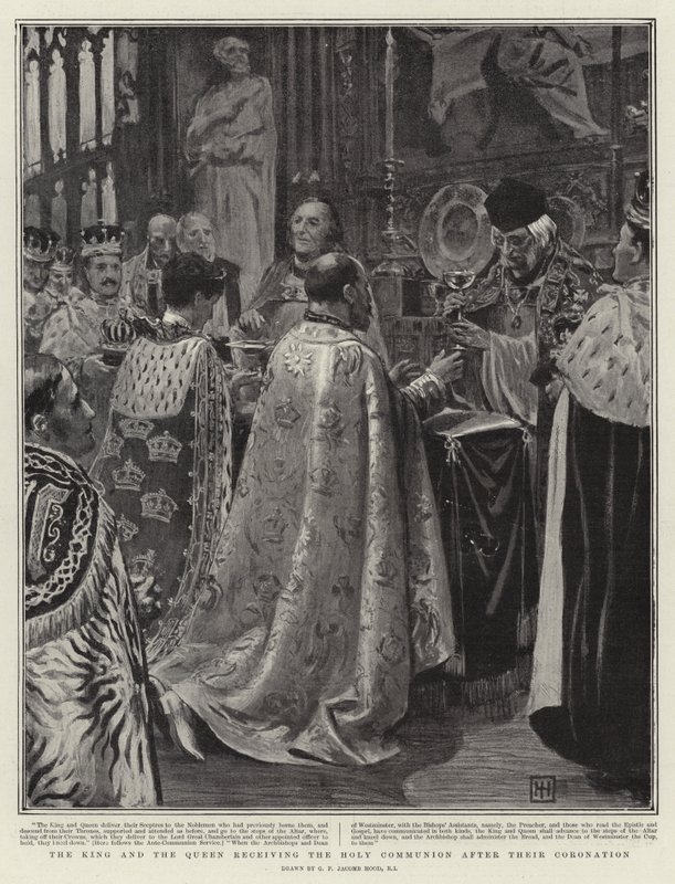 Der König und die Königin empfangen die Heilige Kommunion nach ihrer Krönung von George Percy Jacomb Hood