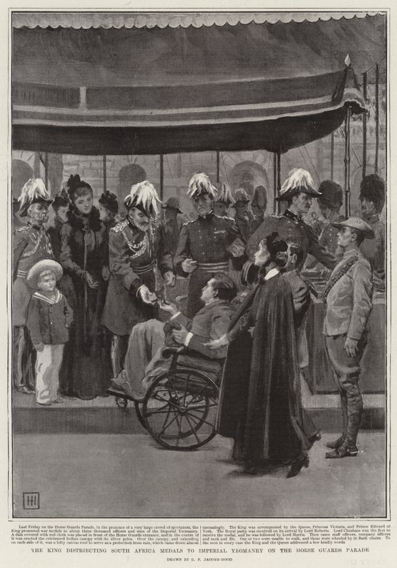 Der König verteilt Südafrika-Medaillen an die Imperial Yeomanry auf der Horse Guards Parade von George Percy Jacomb Hood