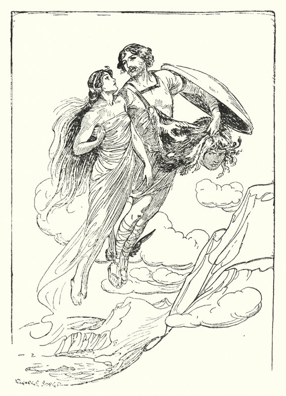Perseus: "Perseus hob seine schöne Andromeda in seine Arme und floh mit ihr zum Klippenrand" von George Soper