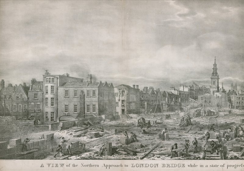 Ansicht des nördlichen Zugangs zur London Bridge während des Baus von George the Elder Scharf