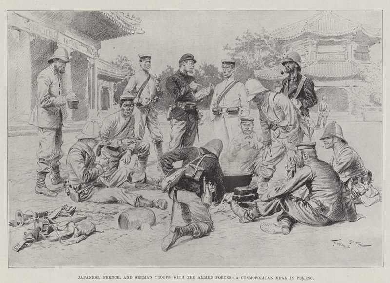 Japanische, französische und deutsche Truppen mit den alliierten Streitkräften, ein kosmopolitisches Mahl in Peking von Georges Bertin Scott