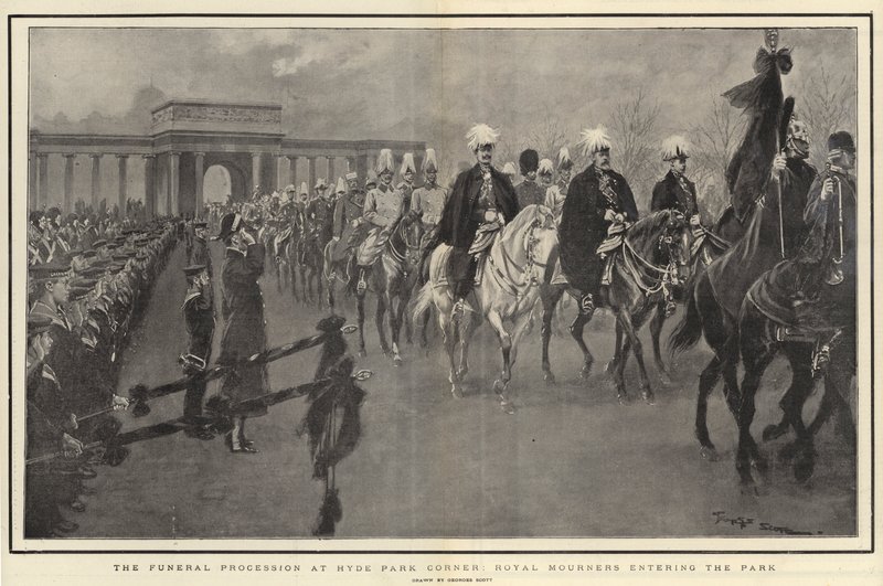 Der Trauerzug am Hyde Park Corner, königliche Trauergäste betreten den Park von Georges Bertin Scott