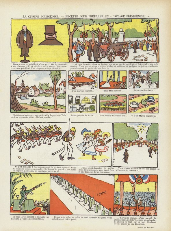 Bürgerliche Küche. Ein Rezept für eine Präsidentenreise. Illustration für Le Rire von Georges Delaw