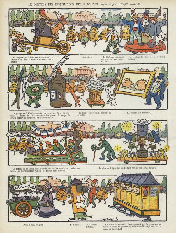 Prozession der republikanischen Institutionen. Illustration für Le Rire von Georges Delaw