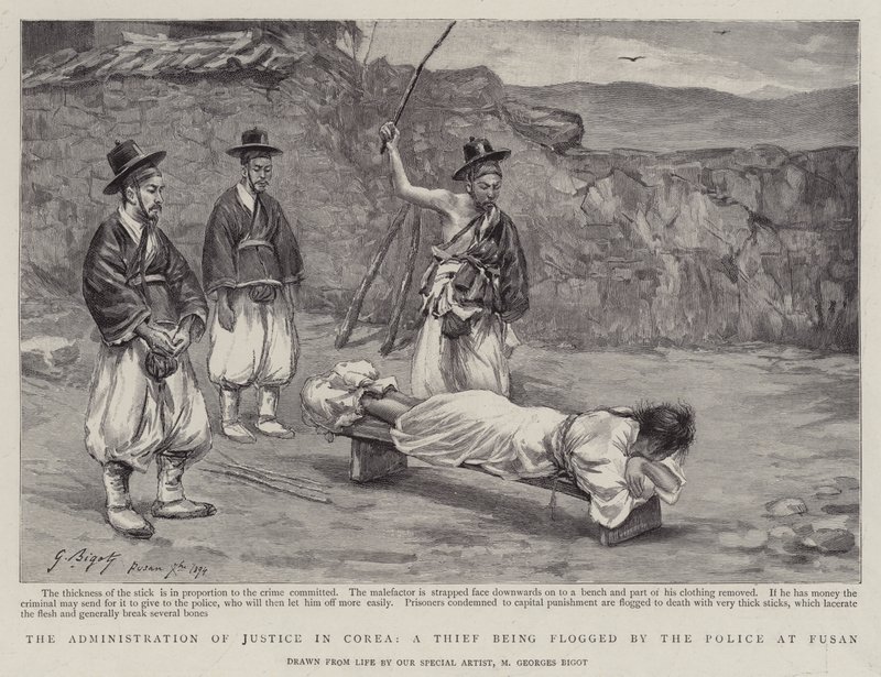 Die Verwaltung der Justiz in Korea, ein Dieb wird von der Polizei in Fusan ausgepeitscht von Georges Ferdinand Bigot