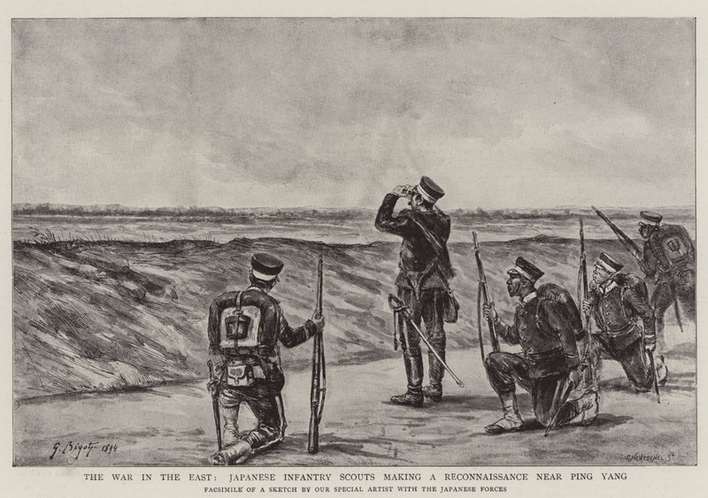 Der Krieg im Osten, japanische Infanteriespäher bei einer Aufklärung in der Nähe von Ping Yang von Georges Ferdinand Bigot
