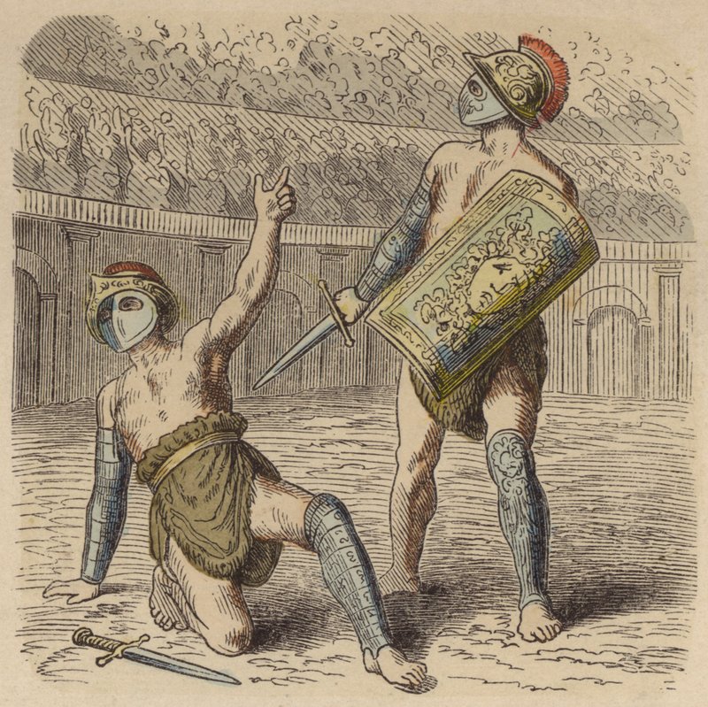 Ein verwundeter römischer Gladiator bittet die Menge um sein Leben von German School