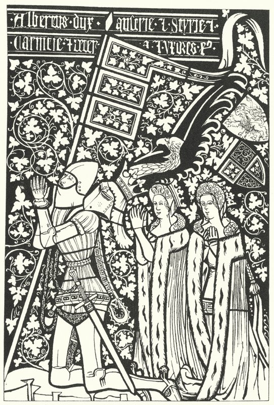 Albert III., Herzog von Österreich, mit seinen beiden Ehefrauen, Elisabeth von Böhmen und Beatrice von Nürnberg (Gravur) von German School