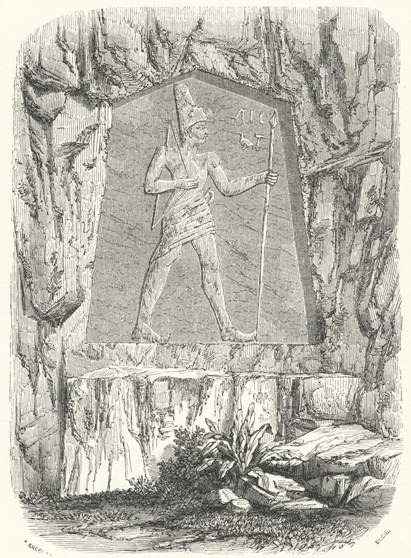 Altägyptisches Relief, das den Pharao Sesostris oder Ramses II. darstellt von German School
