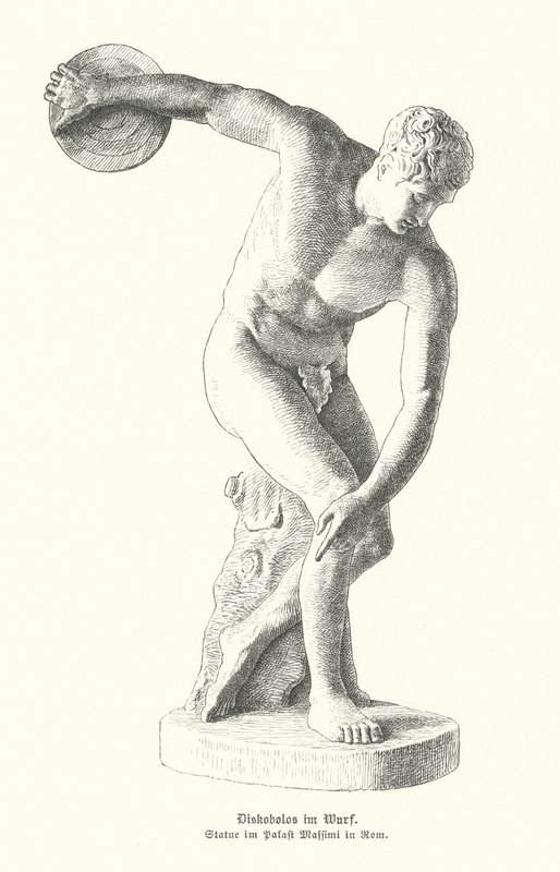 Antike griechische Statue eines Diskuswerfers beim Wurf von German School