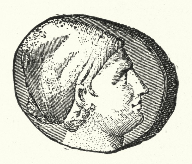 Antike Münze mit dem Kopf der antiken griechischen Dichterin Sappho (Stich) von German School