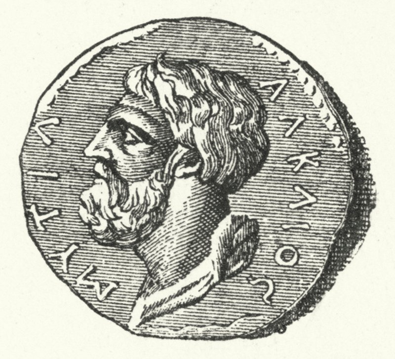 Antike Münze mit dem Kopf des griechischen Dichters Alkäus von Mytilene von German School