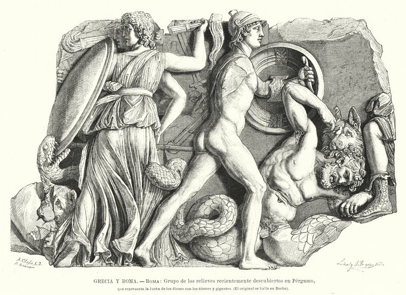 Kampf zwischen den Göttern und Titanen und Riesen, antikes griechisches Relief aus Pergamon von German School