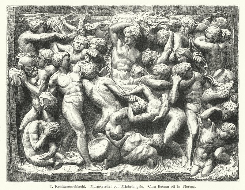 Kampf der Kentauren, Marmorrelief von Michelangelo (Gravur) von German School