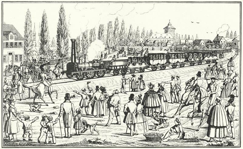 Bayerische Ludwigseisenbahn zwischen Nürnberg und Fürth (Gravur) von German School
