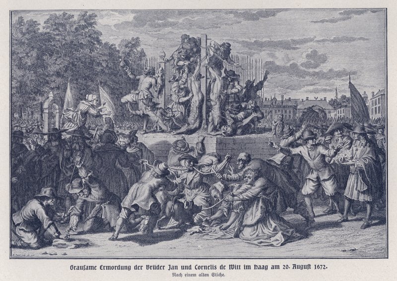 Brutaler Mord an den Brüdern Jan und Cornelis de Witt durch einen orangistischen Mob, Den Haag, Niederlande, 20. August 1672 von German School