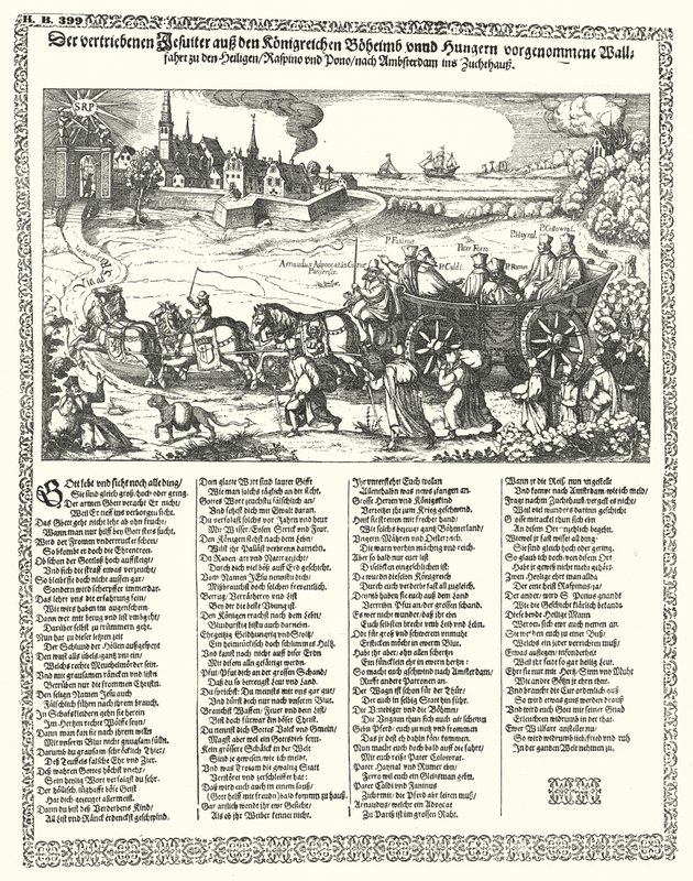 Karikatur, die Jesuiten zeigt, die 1620 zu Beginn des Dreißigjährigen Krieges aus Böhmen und Ungarn vertrieben wurden von German School