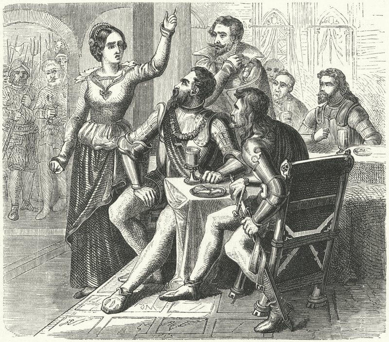 Katharina von Schwarzburg bedroht den Herzog von Alba (Stich) von German School
