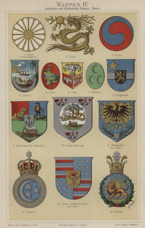 Wappen von Hawaii und Ländern Asiens und Afrikas von German School