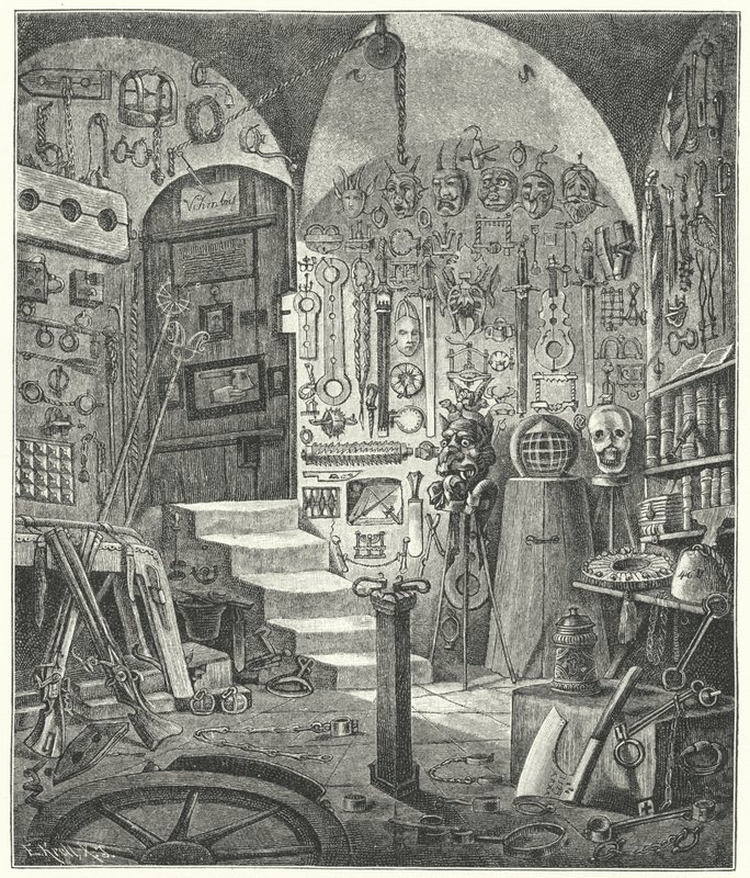 Sammlung von Antiquitäten im Zusammenhang mit Verbrechen und Bestrafung auf der Burg Nürnberg von German School