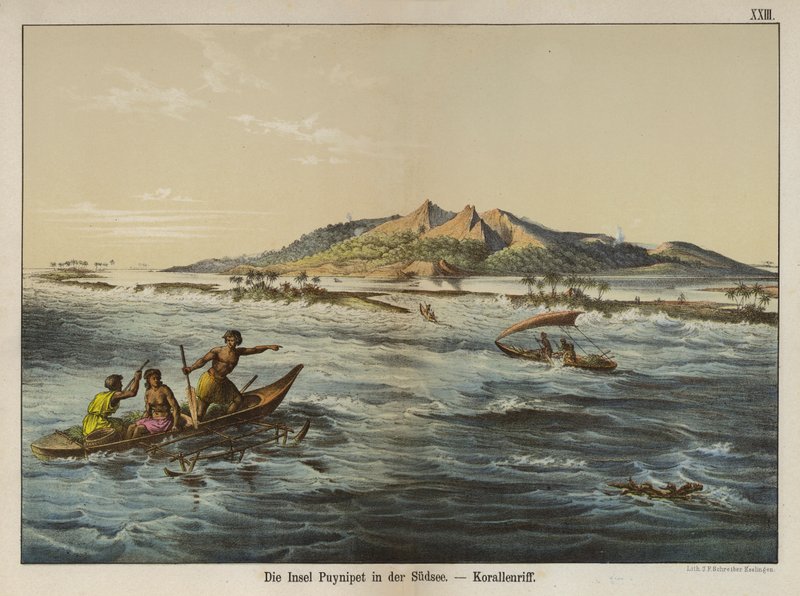 Korallenriff vor der Insel Puynipet (Pohnpei), Karolineninseln (Farblithografie) von German School