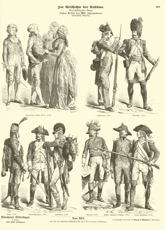 Kostüme und Militäruniformen der Republik Frankreich, 1790er Jahre von German School