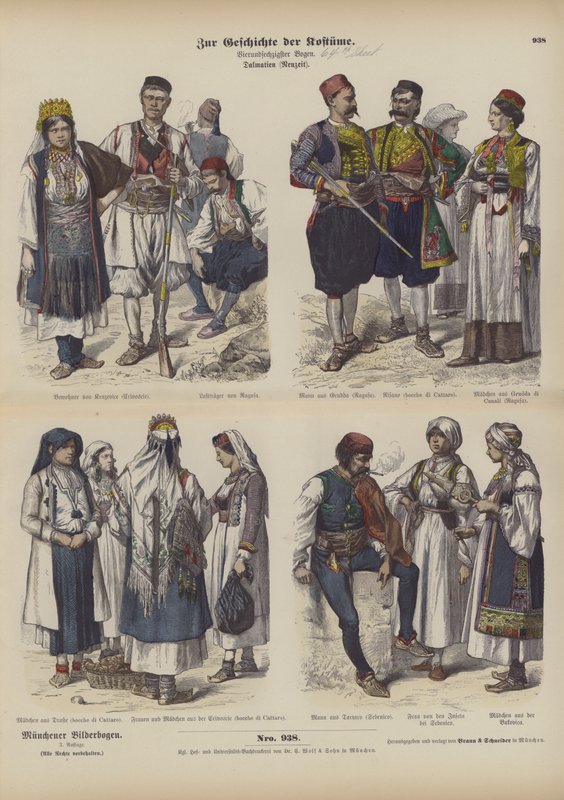 Dalmatinische Kostüme, Ende des 19. Jahrhunderts (farbiger Stich) von German School