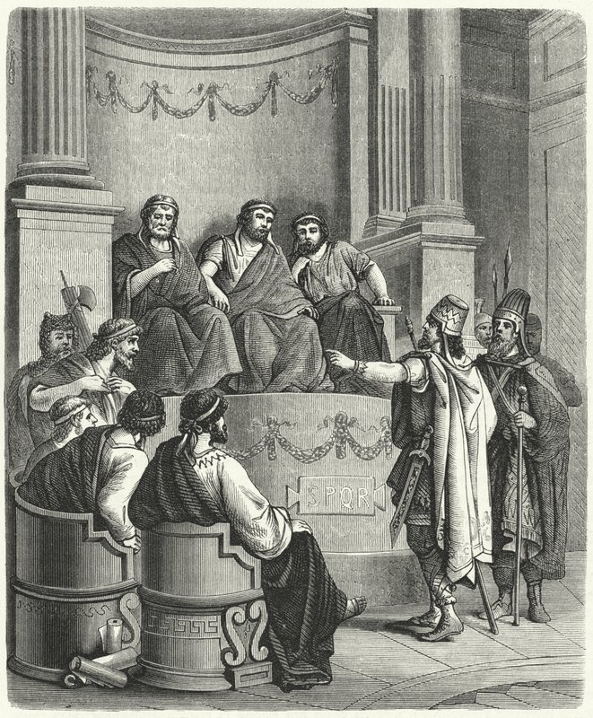 Gesandte von Eumenes II. von Pergamon vor dem Römischen Senat (Gravur) von German School