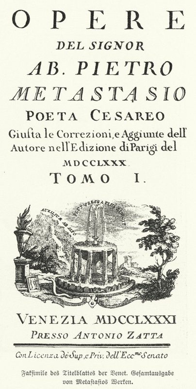 Faksimile der Titelseite einer venezianischen Ausgabe der gesammelten Werke des italienischen Dichters und Librettisten Pietro Metastasio (Lithografie) von German School