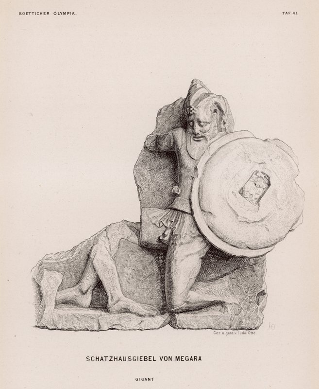 Figur eines Riesen vom Giebel des Schatzhauses von Megara, Olympia, Griechenland (Gravur) von German School