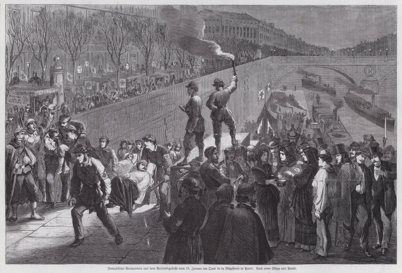 Verwundete französische Soldaten beim letzten erfolglosen Versuch, aus der Belagerung von Paris auszubrechen, Ankunft am Quai de la Megisserie, Deutsch-Französischer Krieg, Januar 1871 (Gravur) von German School