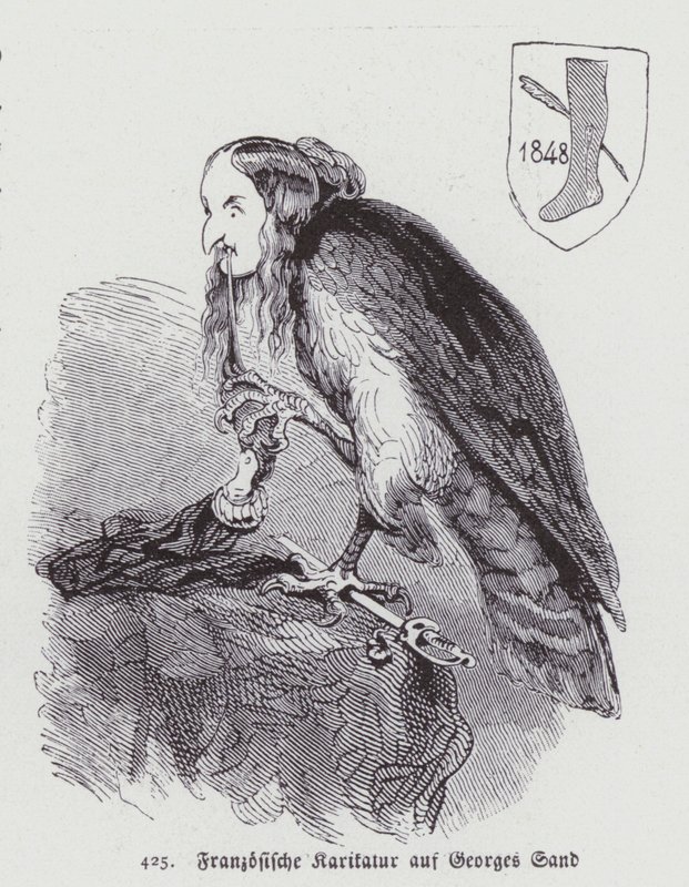Deutsche Karikatur der französischen Schriftstellerin George Sand aus dem 19. Jahrhundert (Lithografie) von German School