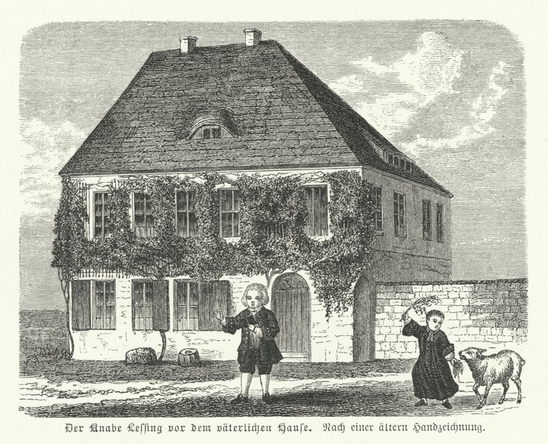 Der deutsche Philosoph und Dramatiker Gotthold Ephraim Lessing als Junge vor dem Haus seines Vaters in Kamenz von German School