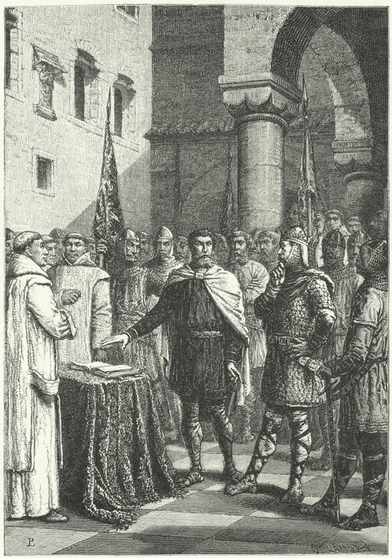 Harold Godwinson schwört einen Eid, Wilhelm von Normandie bei seinem Anspruch auf den englischen Thron zu unterstützen von German School