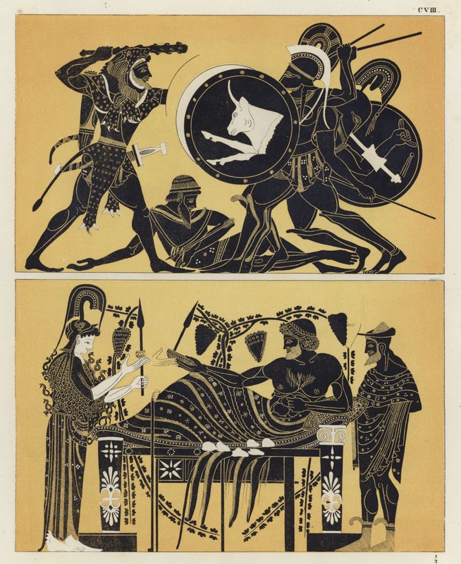Herkules kämpft gegen Geryon und Geryon mit Athena und Dionysos von German School