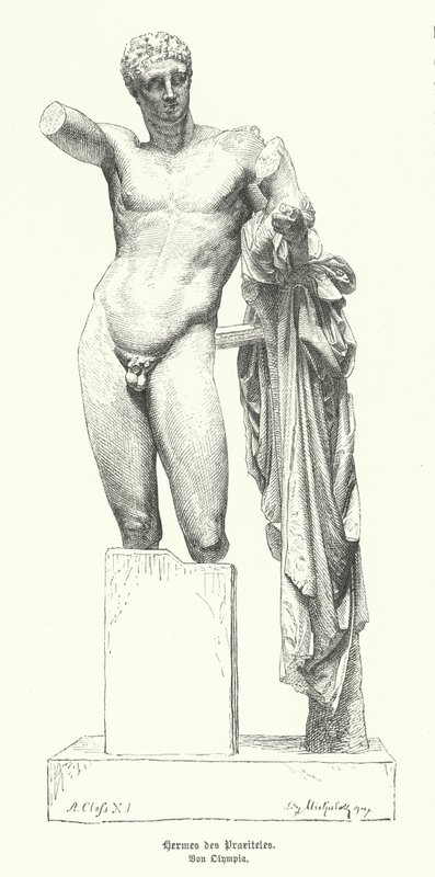 Hermes und der junge Dionysos, Statue des antiken griechischen Bildhauers Praxiteles, entdeckt in den Ruinen des Hera-Tempels, Olympia von German School