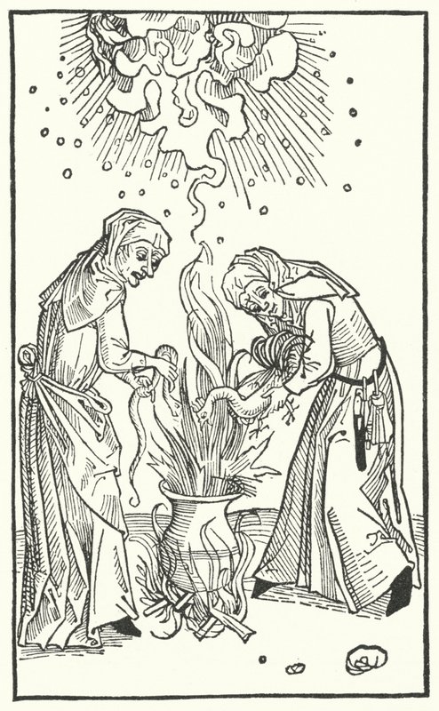 Illustration aus einer Abhandlung von Ulrich Molitor über Wahrsagerinnen und Hexerei (Gravur) von German School