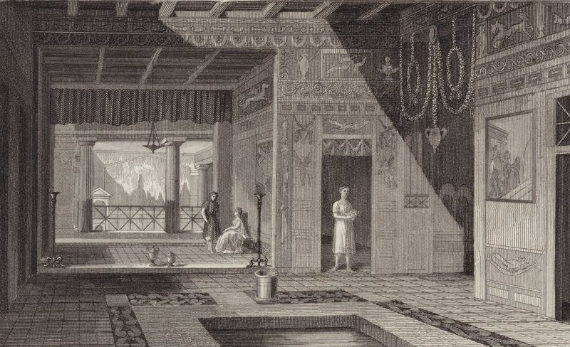 Innenraum eines römischen Hauses in Pompeji. Illustration für Bilder-Atlas von German School