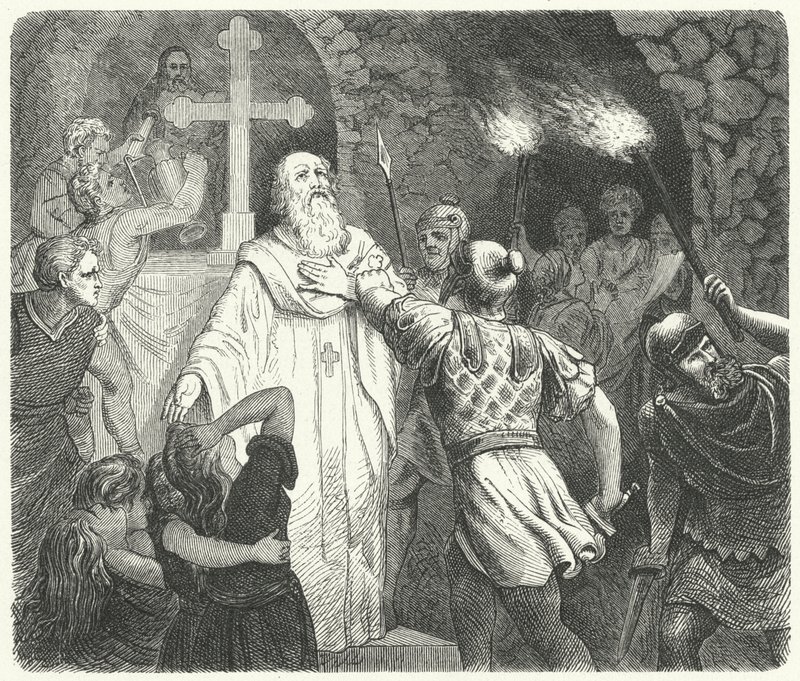 Unterbrechung eines christlichen Gottesdienstes in den römischen Katakomben (Gravur) von German School
