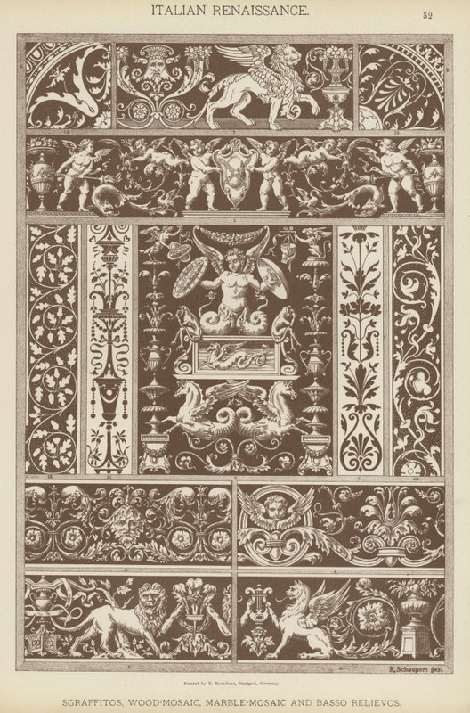 Italienische Renaissance, Sgraffitos, Holz-Mosaik, Marmor-Mosaik und Basso Relievos von German School