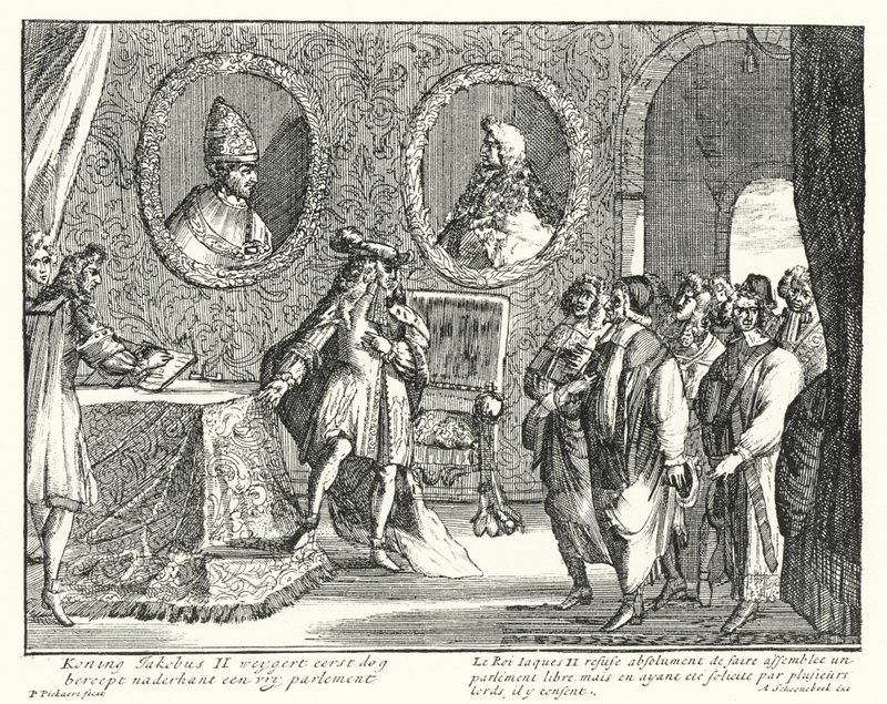 Jakob II. von England verweigert dem Parlament die Sitzung (Gravur) von German School