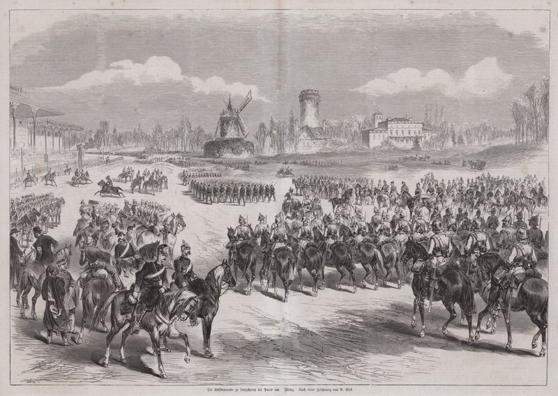 Kaiser Wilhelm I. von Deutschland beobachtet seine Armeeparade in Longchamp, Paris, Frankreich, März 1871 (Stich) von German School