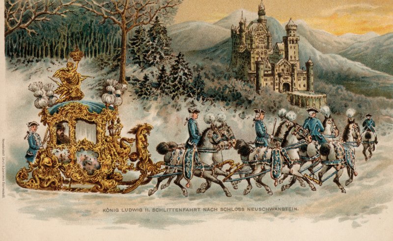 König Ludwig II. von Bayern reist in einem goldenen Schlitten zum Schloss Neuschwanstein von German School
