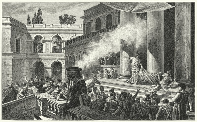 Marcus Antonius löst mit seiner Rede bei der Beerdigung von Julius Caesar einen Aufruhr aus, 44 v. Chr. von German School