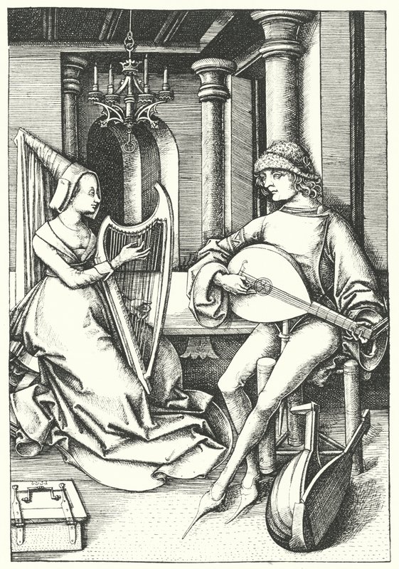 Musiker spielen Laute und Harfe in einem Landhaus im 15. Jahrhundert (Stich) von German School