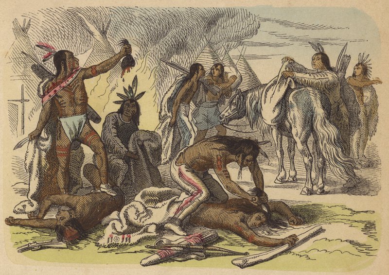 Indianer-Krieger nehmen die Skalps ihrer Feinde (kolorierte Gravur) von German School