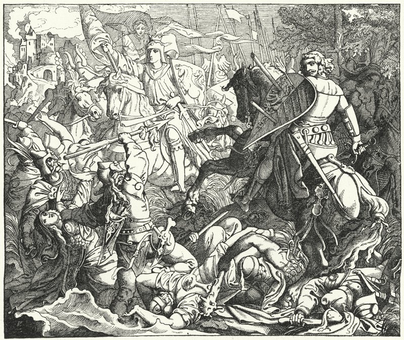 Otto I. von Deutschland besiegt die Magyaren in der Schlacht auf dem Lechfeld, 955 von German School
