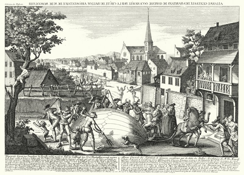 Bauern greifen den Ballon von Jacques Charles und den Gebrüdern Robert an, nachdem er am 27. August 1783 in Gonesse gelandet war (Stich) von German School