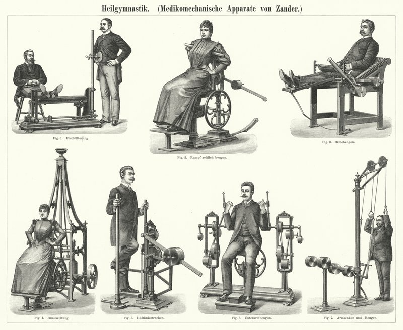 Physiotherapie: Mechanotherapie-Apparate, erfunden vom schwedischen Arzt und Orthopäden Gustav Zander von German School